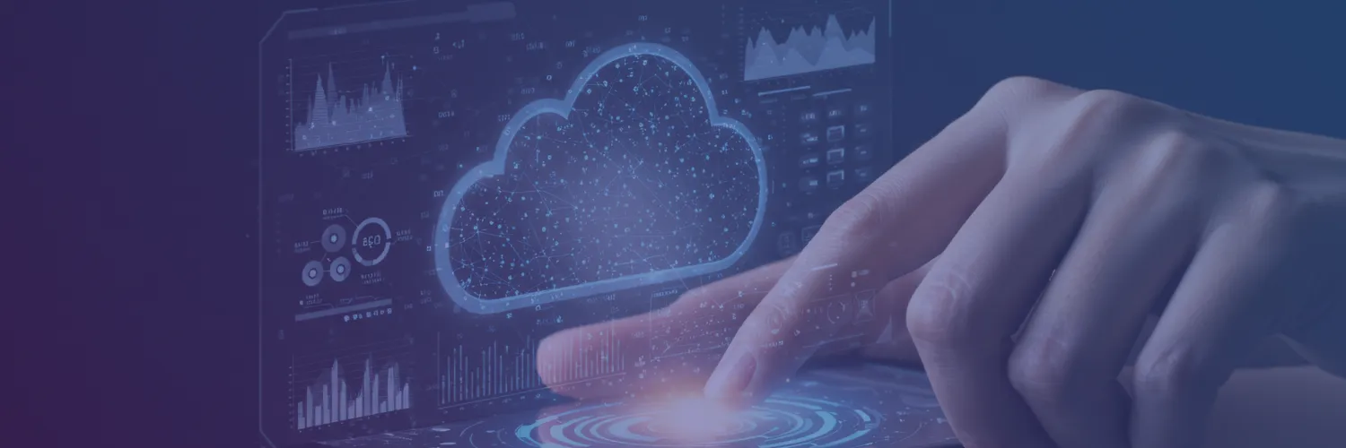 A finger touching a holographic cloud dashboard with charts and graphs