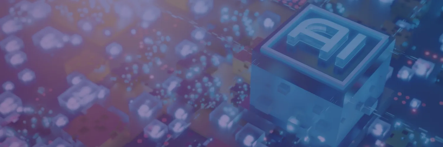 A glowing chip marked AI on a circuit board, surrounded by blurred cubes