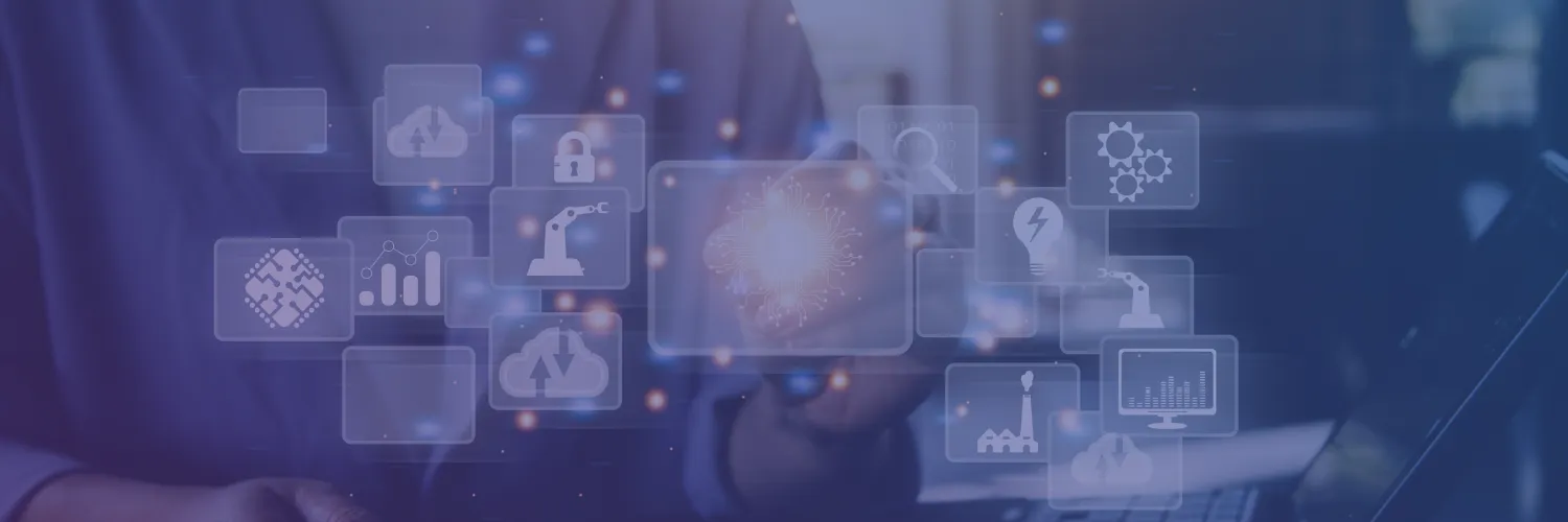 A person at a laptop with floating icons for cloud, security, analytics and automation