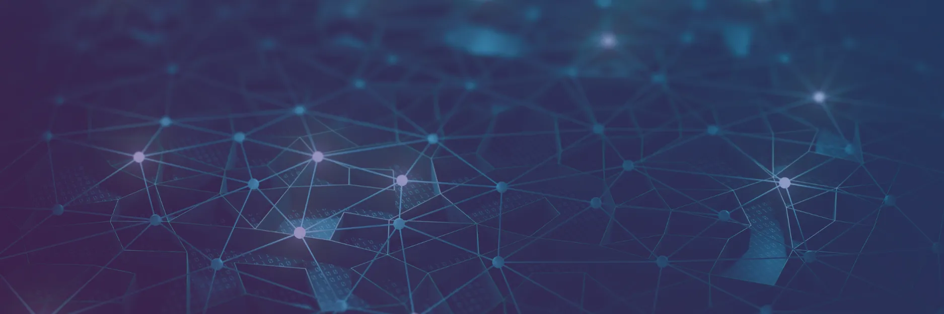 Abstract mesh of connected points and lines over binary code, in dark blue tones