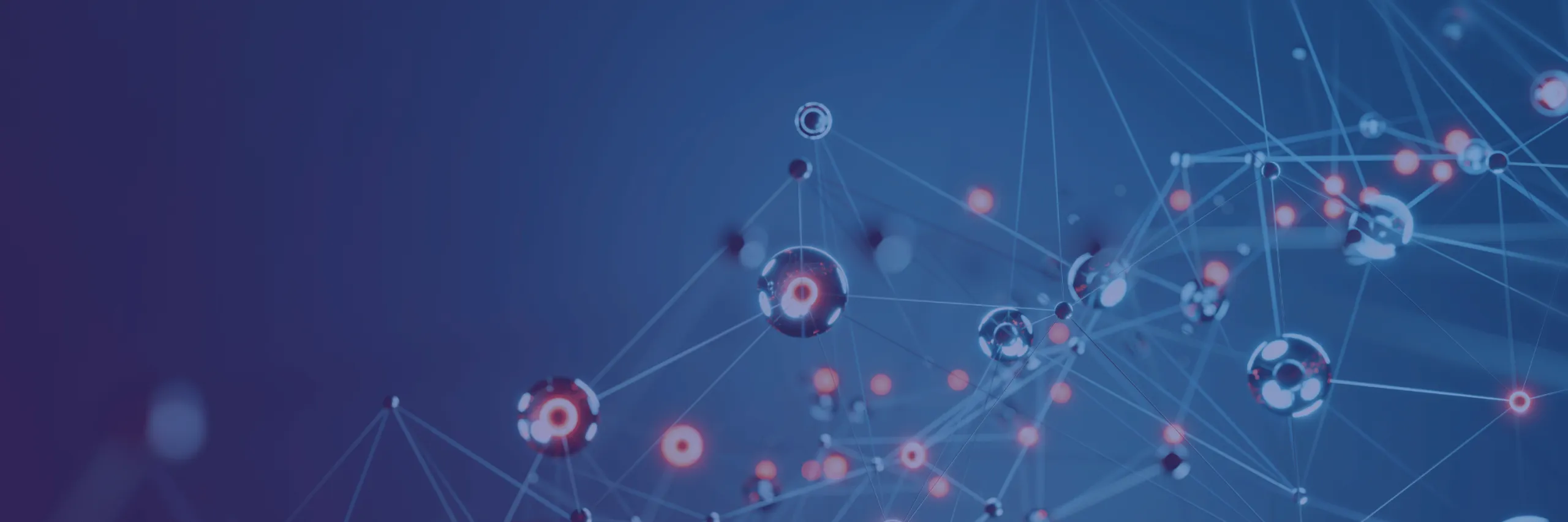 Abstract network of connected nodes with glowing red points on a blue background