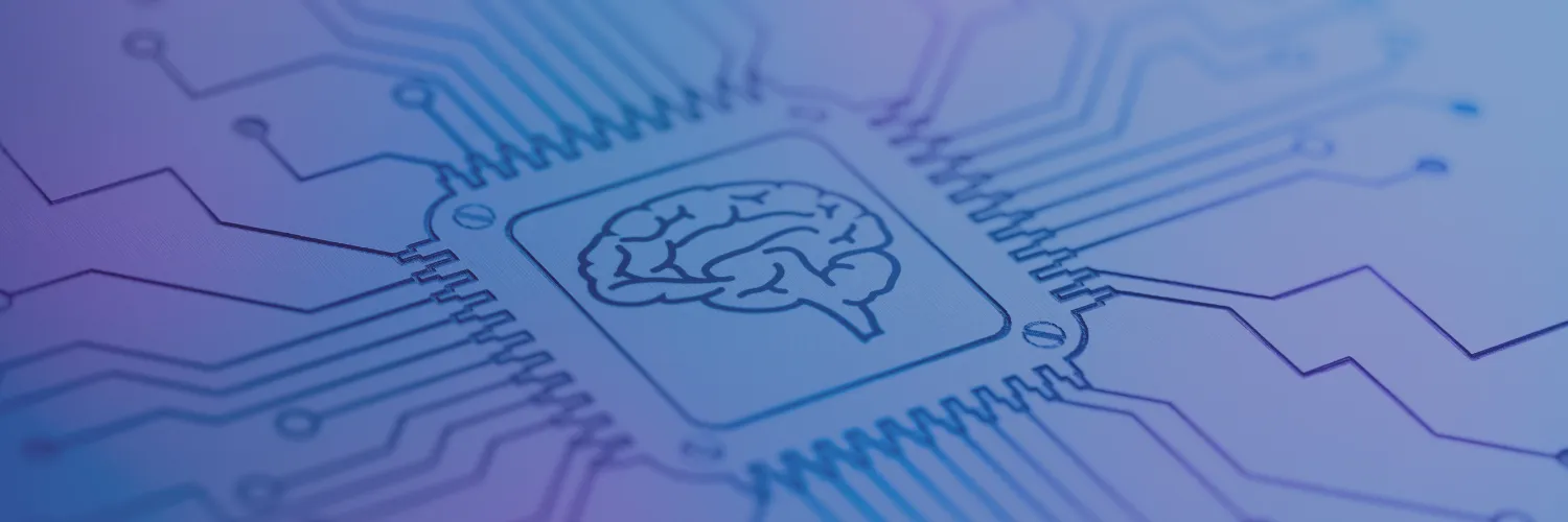 A brain icon etched on a computer chip with circuit traces, in blue and purple tones