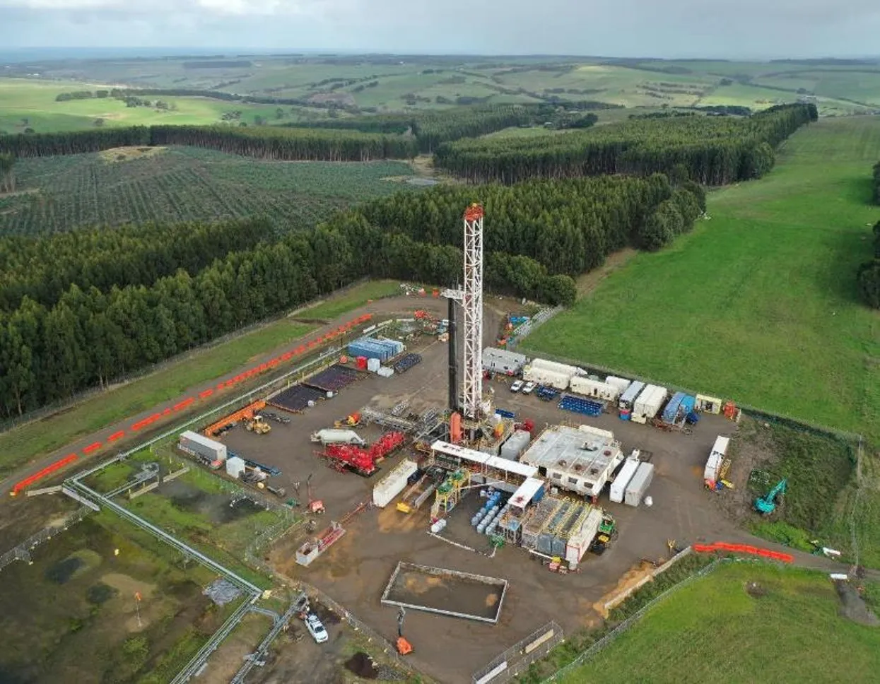 Aerial view of a Lochard Energy drilling site among farmland and pine plantations in regional Victoria